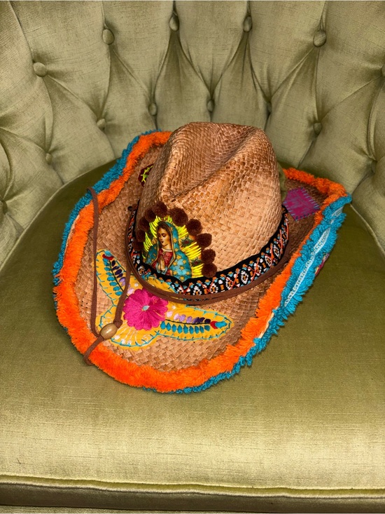 Handmade Accessories - Bohemian Gypsy Queen Embroidered Raffia Straw Hat Fringe Brim medium